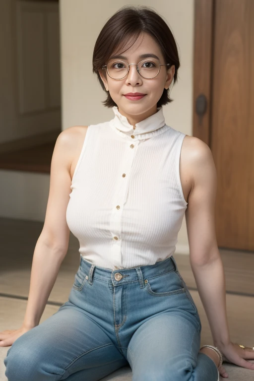 Uma mulher de 30 anos, wearing glasses, wears a button-down blouse paired with shorts and brown sneakers.