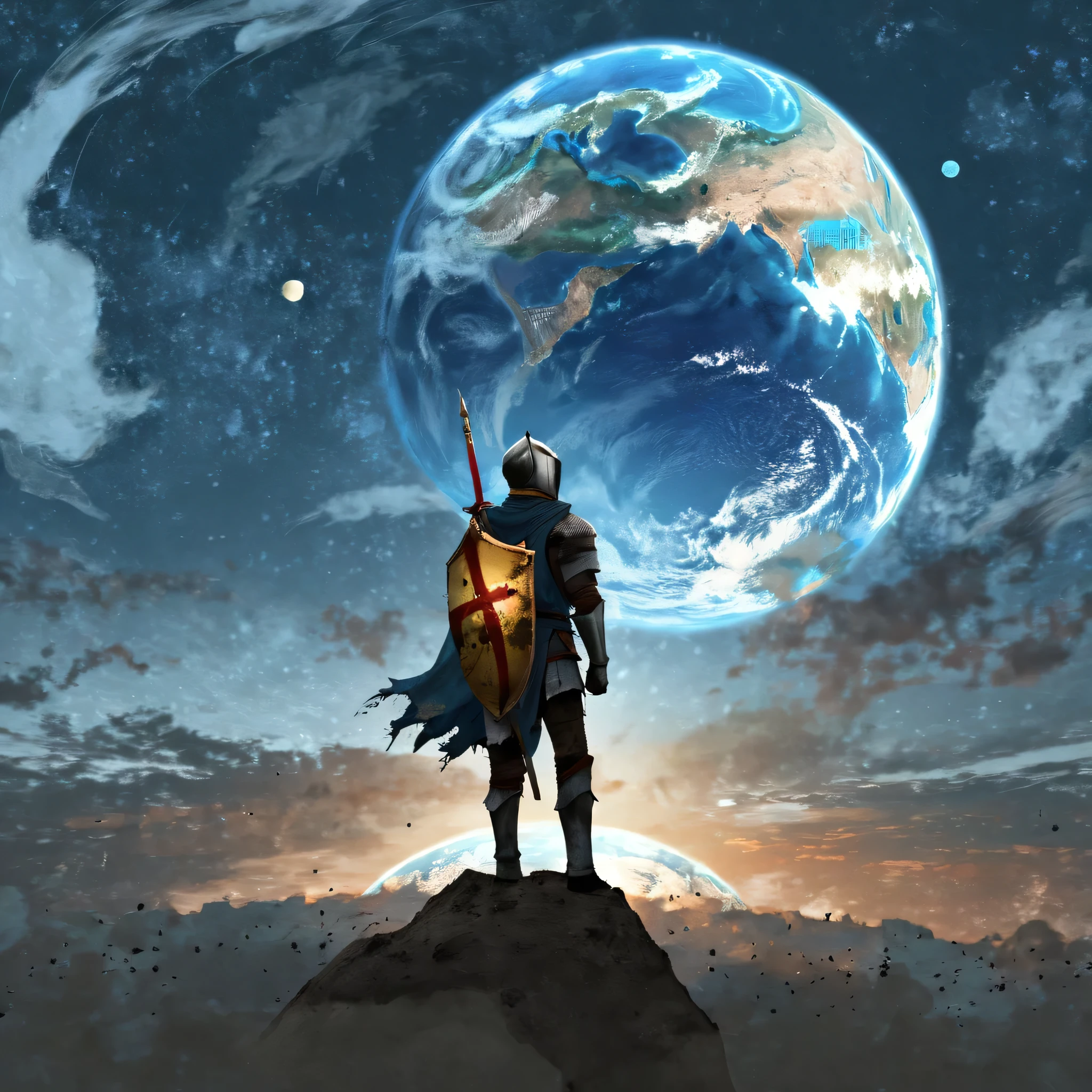 A masterpiece of digital art, a high resolution, anime style, 4k wallpaper, Portrait of a Knight, standing on the moon and looking at the earth