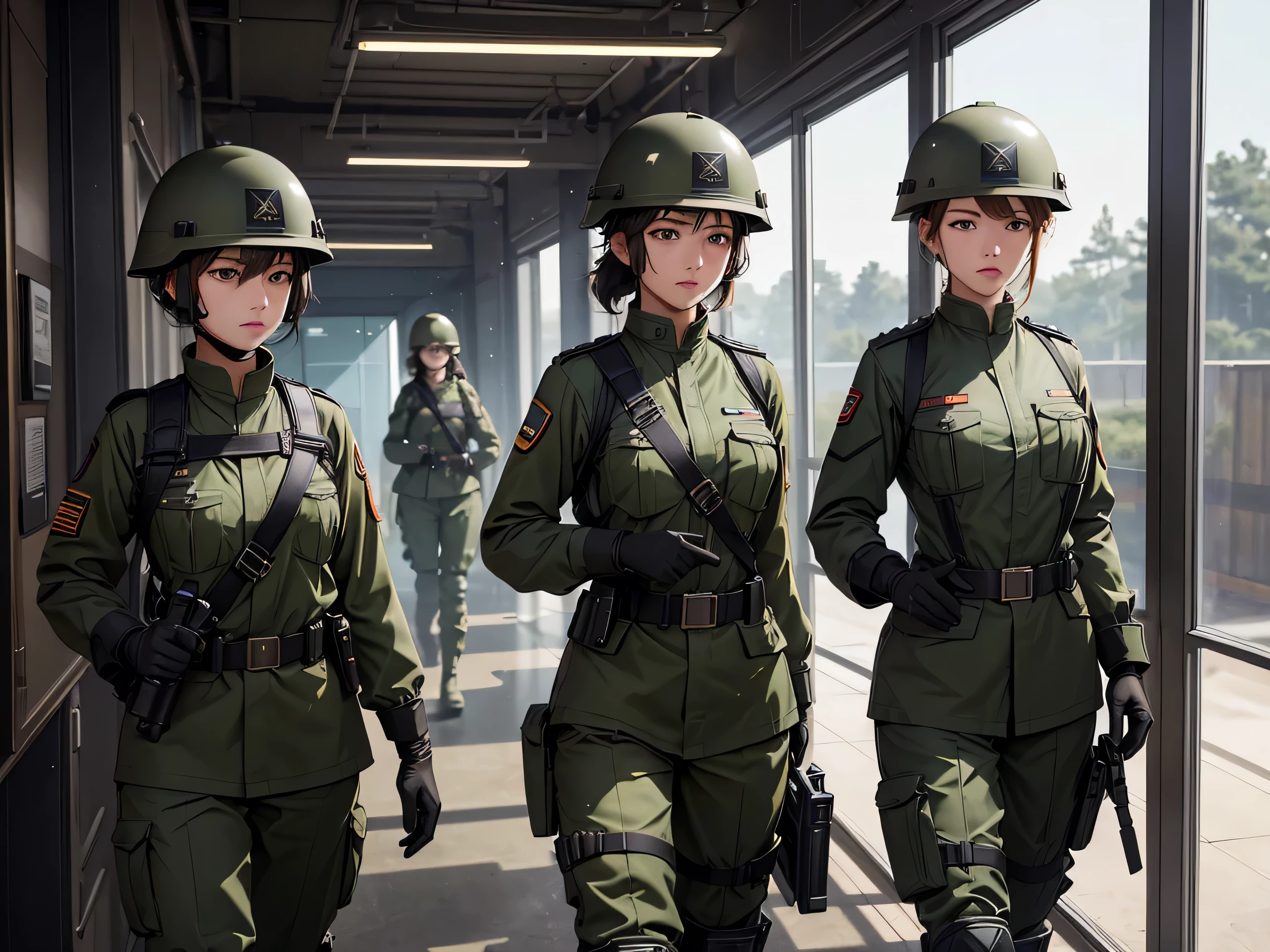 Three female soldiers in helmets，Dark green military uniform，Brown belt，Black boots，side by side，Interior corridors，patrol，Tactical gloves，Tactical harness，Write details、masterpiece、best quality、Highly detailed CG、8K picture quality、theater lighting、lens flare