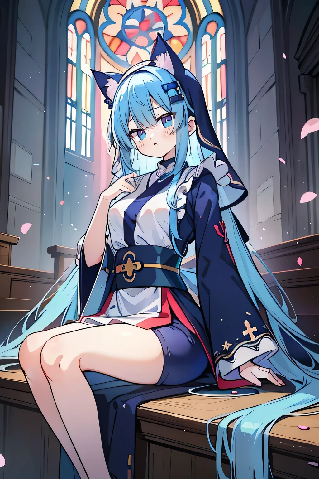 (masterpiece:1.2),Extremely detailed,Practical,expressive eyes,Fair skin,Perfect face shaping,1 Girl,
Japanese cartoons,Gorgeous blue hair, the long flowing blue hair,Floating clothes,Cat ears,Petals fall,beautiful lola,Young Angel,
Place your hands on your waist,sit elegantly on the ground,Cross your legs,Gentle and peaceful background,church,Nun's Clothes,back view,lie on the water.