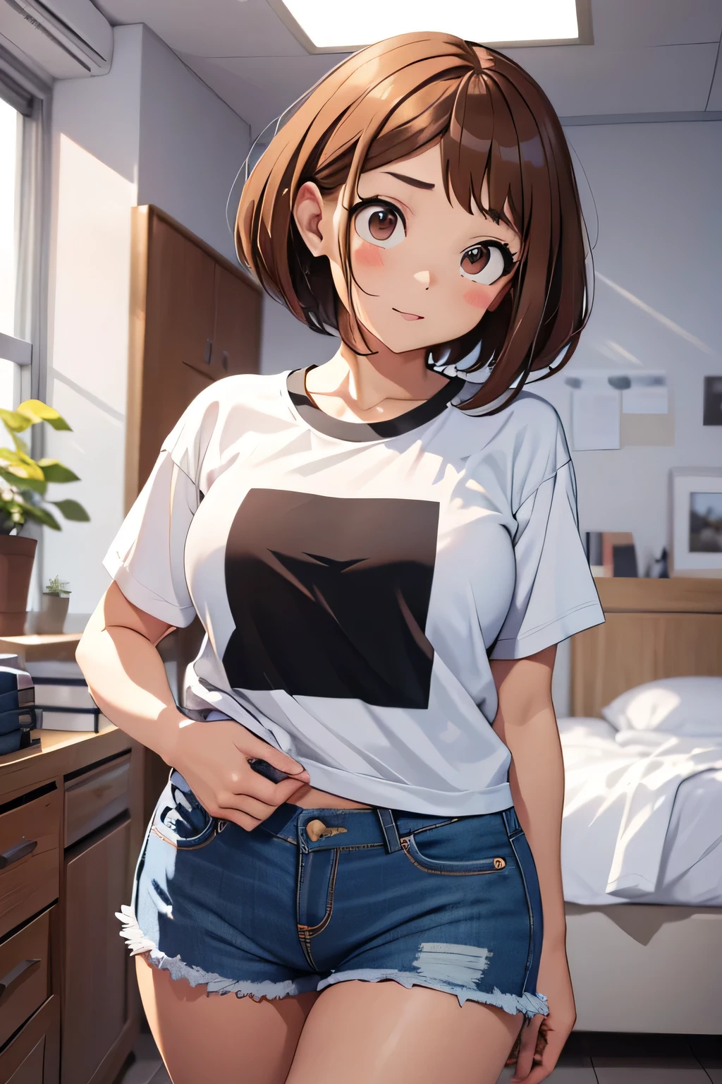 masterpiece, best quality, highres, hmochako, blush stickers, short hair, medium breast, oversized white t-shirt, short shorts, cowboy shot, indoors, bedroom, plump body, slightly chubby