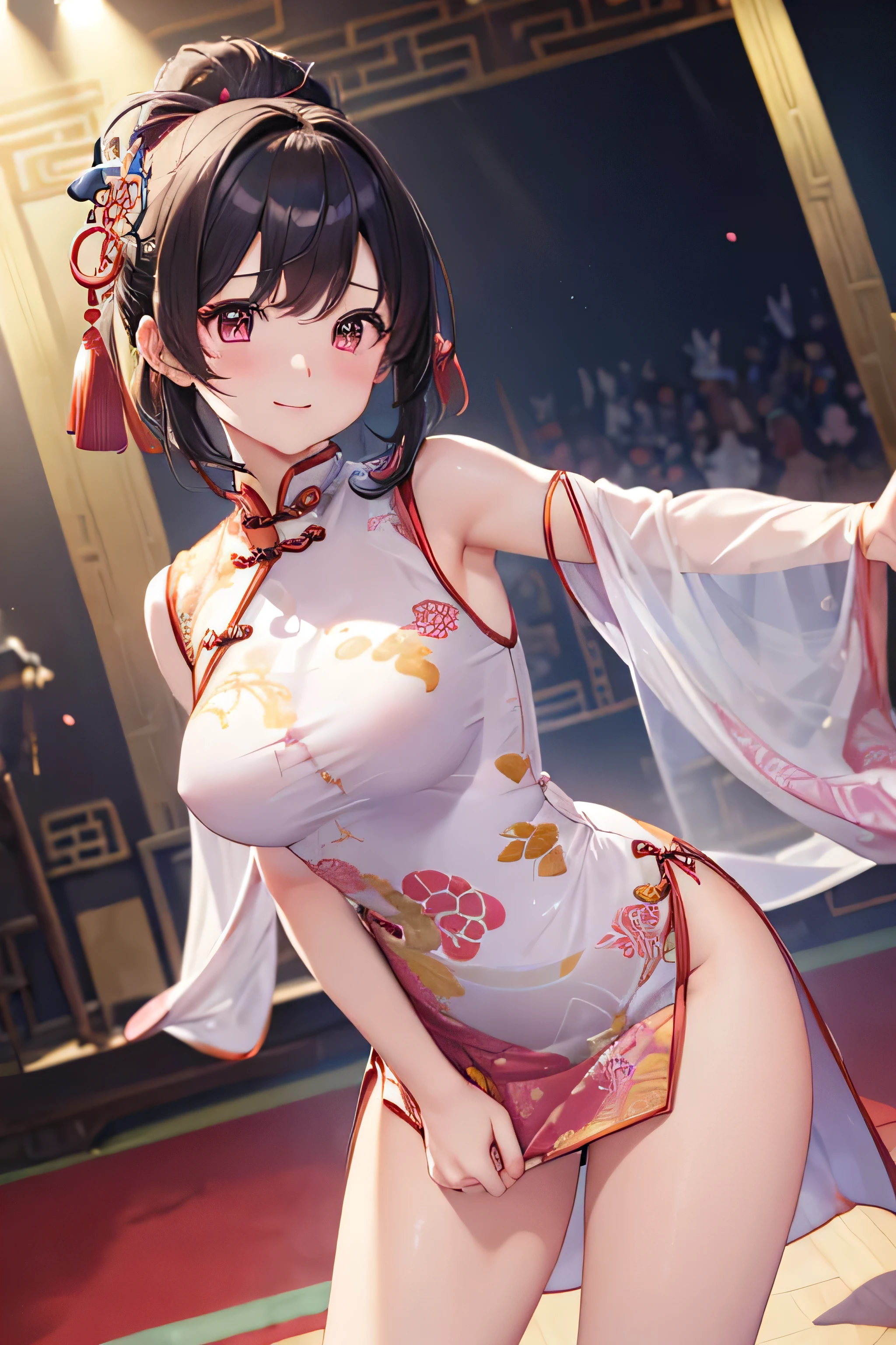 ((masterpiece、highest quality))、shape、Very detailed、8k、Realistic、Sharp focus、Professional Lighting、Colorful details、Detailed Texture、Perfect Style、Sexy body、18-year-old、smile、(Anatomy:1.55)、(A uniquely beautiful girl:1.4)、(Wear your best underwear)、(tight, A translucent Chinese dress with a beautiful pattern:1.4)、(On a stage equipped with a gorgeous giant monitor:1.3)、(Dance vigorously:1.3)、Spotlight、In front of a packed audience、Looking at the audience、A woman is in front of the camera、blush
