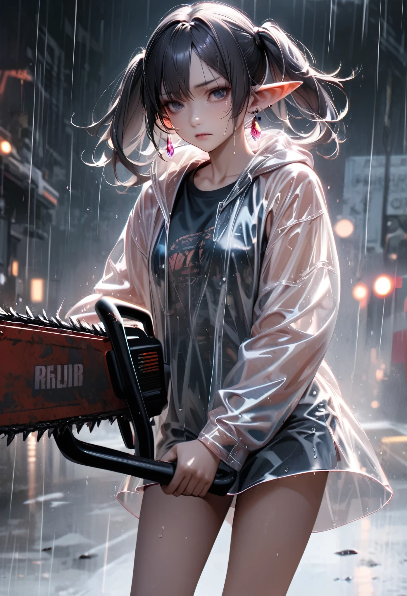 industrial punk Elf holding a chainsaw, detailed face, one small tear drop shaped gem earrings, long twin tails, transparent raincoat with shirt, short skirt, moody expression on her face, hyper-realistic detail lines, soft edges and atmospheric effects,