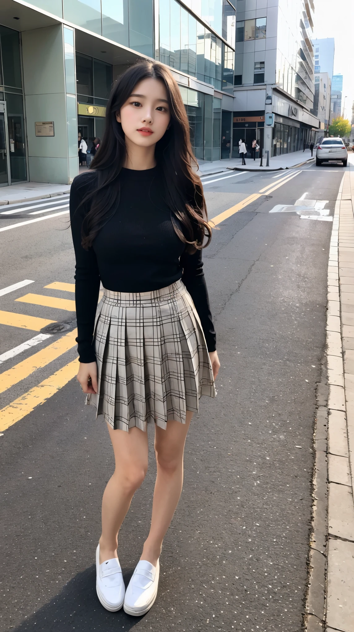 18 year old beautiful girl、Beautiful Face、Long black hair、Big Breasts、tall、whole body、Thighs、White long sleeve shirt、A very small, high-rise pleated skirt with a check pattern、Black Loafers、Sidewalk