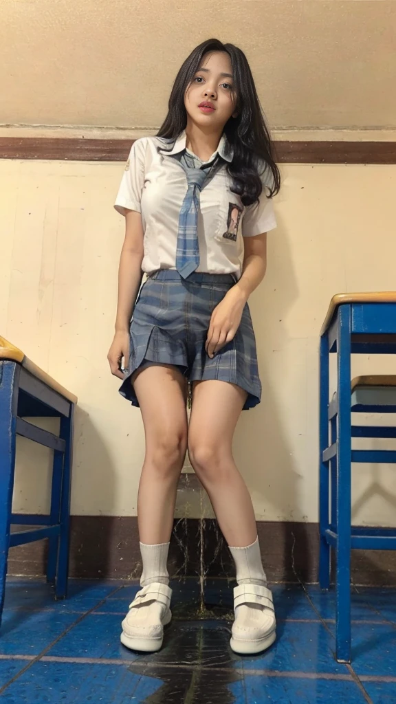 (masterpiece, best quality:1.2), (realistic,photo-realistic:1.4), RAW photo, highres, extremely detailed, intricate details, cinematic lighting, (front view, view from below:1.3), a 16yo female, standing in school classroom, (full body,loafers:1.5), large breasts, (fine fabric texture, white shirt, plaid mini-skirt, school bowtie, socks:1.2), detailed eyes, detailed face, fine-textured skin, pale skin, 
(peeing self,urination:1.4),(ashamed:1.2), 
desperate for peeing, wetting her clothes, pee runing down her legs, pee desperation pose, pee desperate face, big pee pudle,
indoors, photo background,