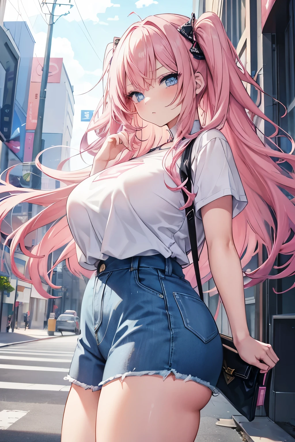 high quality, anime style, 1girl, solo, young girl, long pink hair with blue and curly ends, makeup, light pink lipstick, casual outfit, blue eyes, huge breasts, big fat ass, thick thighs, angry face