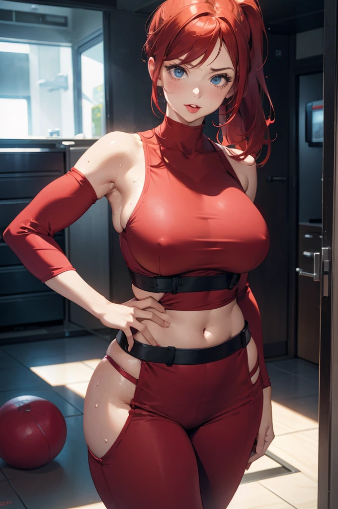 1 Woman, red hair, ponytail, big lips, thin abdomen, big round butt, big ball breasts, small shoulders, thin back, red low-cut outfit, looking straight ahead, blue eyes, sticking out her tongue, sweat on her body, long hair to the floor, Bangs Hair, big breasts, long tits, thick lips, red lipstick, super big boobs