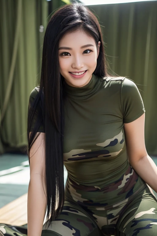 Indonesian woman, very long hair, black hair, straight hair, sexy woman, military, smiling, single woman, large breasts, tight camouflage short-sleeved t-shirt, tight camouflage legging pants, black knee high boots, sexy pose hot, military camp scene