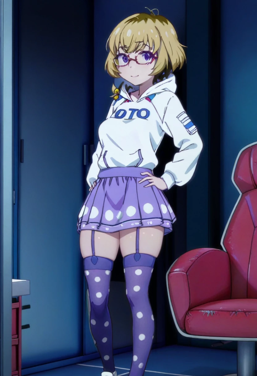 1 girl, solo, Ito, white hoodie, oversized hoodie, blonde hair, glasses, multicolored hair, polka dot skirt, purple eyes, short hair, purple skirt, ribbon thighhighs, sneakers, medium , shy, by gamer chair, dark gamer room, smiling, standing, hands on hips, full body view,