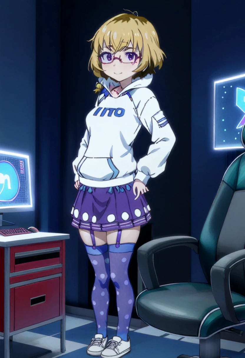 1 girl, solo, Ito, white hoodie, oversized hoodie, blonde hair, glasses, multicolored hair, polka dot skirt, purple eyes, short hair, purple skirt, ribbon thighhighs, sneakers, medium breasts, shy, by gamer chair, dark gamer room, smiling, standing, hands on hips, full body view,