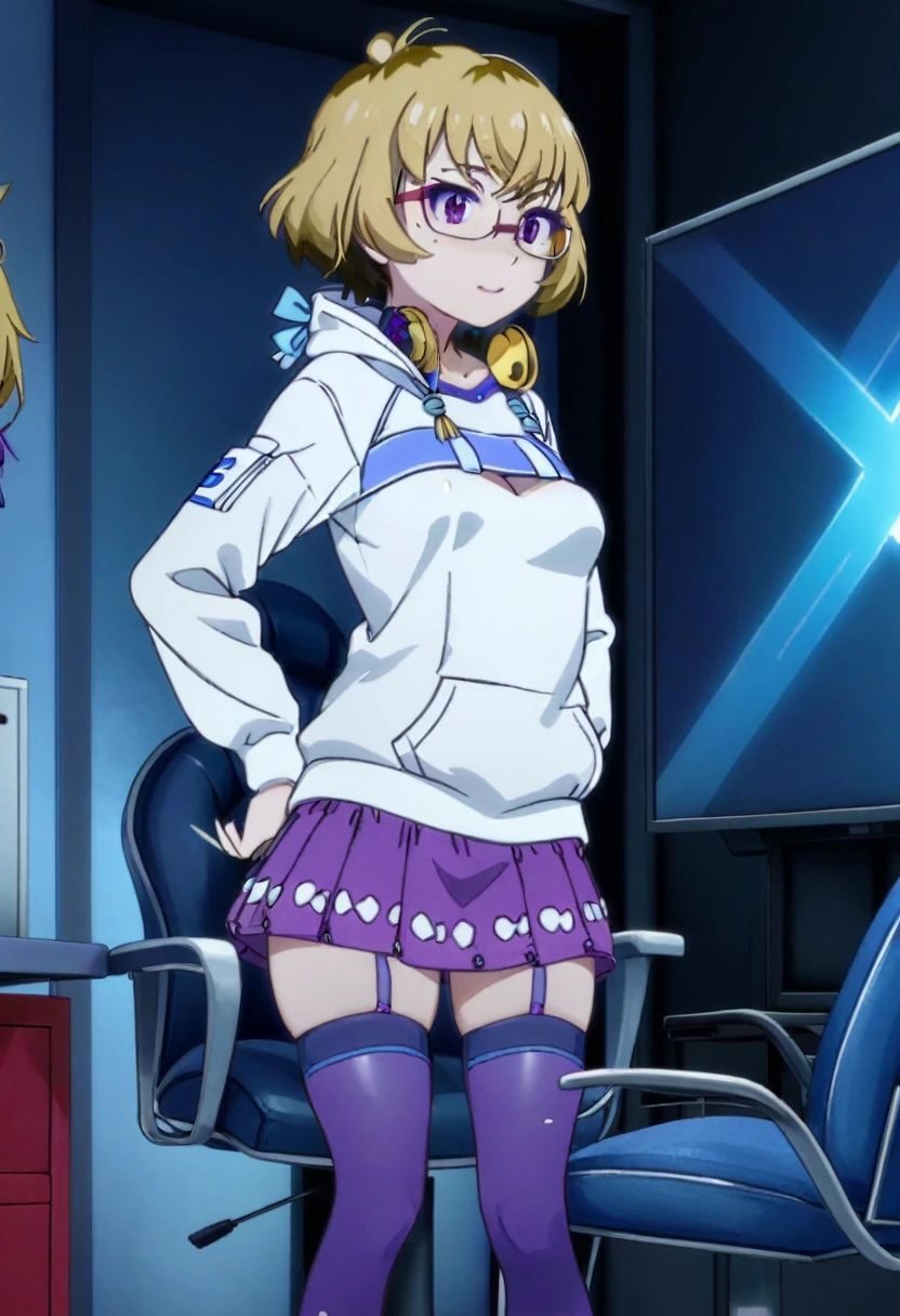 1 girl, solo, Ito, white hoodie, oversized hoodie, blonde hair, glasses, multicolored hair, polka dot skirt, purple eyes, short hair, purple skirt, ribbon thighhighs, sneakers, medium breasts, shy, by gamer chair, dark gamer room, smiling, standing, hands on hips, full body view,