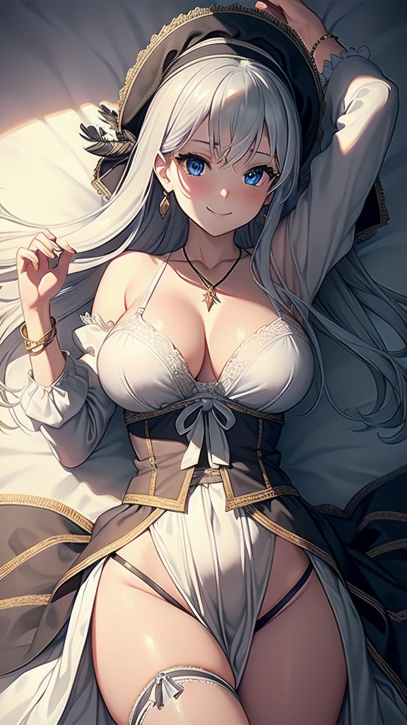 masterpiece, best quality, 1 solo girl, silver hair, blue eyes, long hair, medium breasts, sexy body and face, wavy hair, smile, early 1800s modest dress with silk or cotton, bonnets, corsets with aristocrat status, shawls, white gloves, high necklines, long sleeves, and a fitted bodice with a full skirt, under tied the chin, with ribbons, open bra, open panty, pendant, bracelet, jewelry, earrings, feather hair ornament, book, lying at the bed, night, sexy pose, cowboy shots, detailed body, face, and eyes, sharp focus, vibrant, creative, dynamic, high definition, high resolution, 8k, (Upscale: R-ESRGAN 4x+ Anime6mage enchance:4x), voluptuous body, cinema lightning, dakimakura style, looking at the viewer