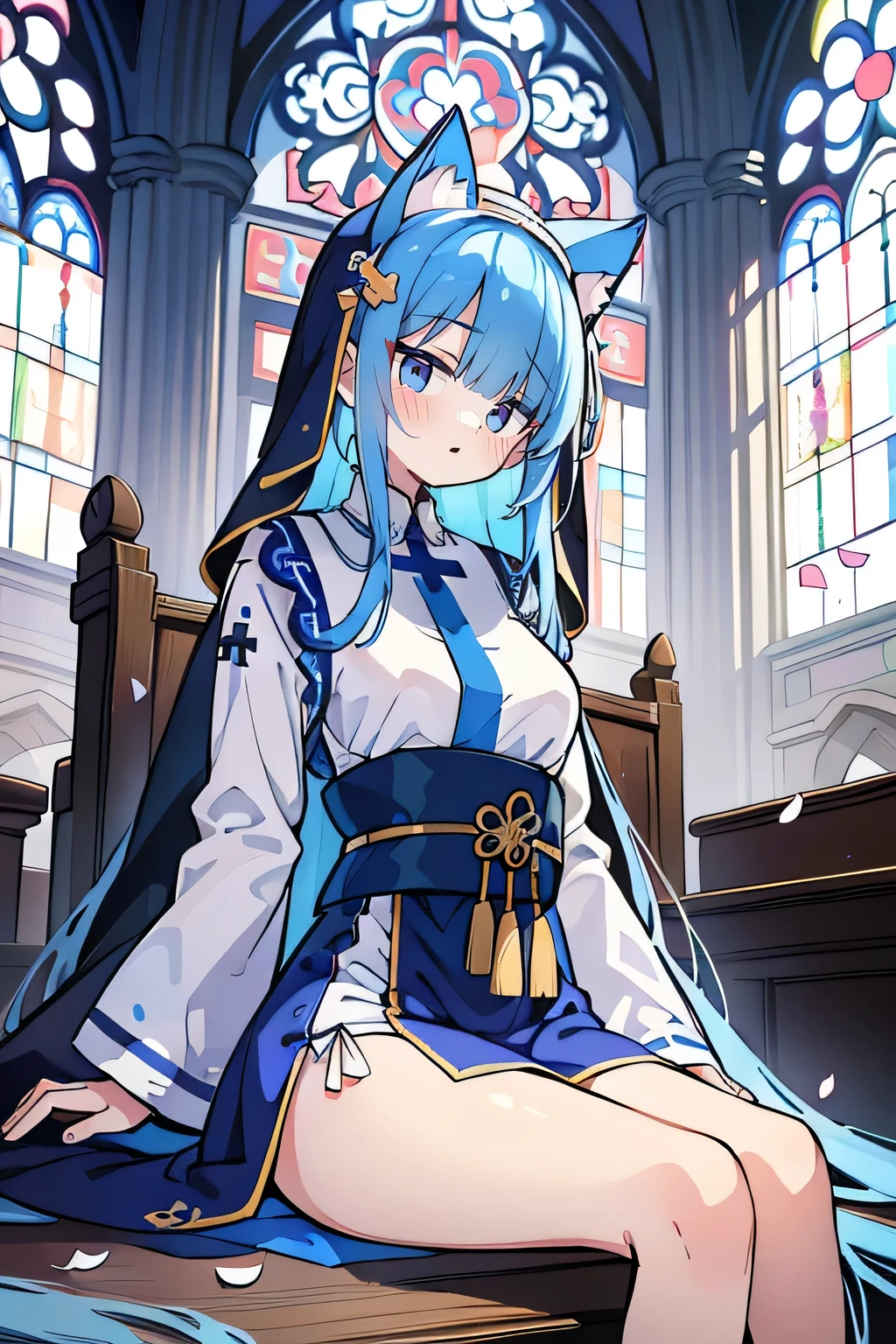 (masterpiece:1.2),Extremely detailed,Practical,expressive eyes,Fair skin,Perfect face shaping,1 Girl,
Japanese cartoons,Gorgeous blue hair, the long flowing blue hair,Floating clothes,Cat ears,Petals fall,beautiful lola,Young Angel,
Place your hands on your waist,sit elegantly on the ground,Cross your legs,Gentle and peaceful background,church,Nun's Clothes,back view,lie on the water.