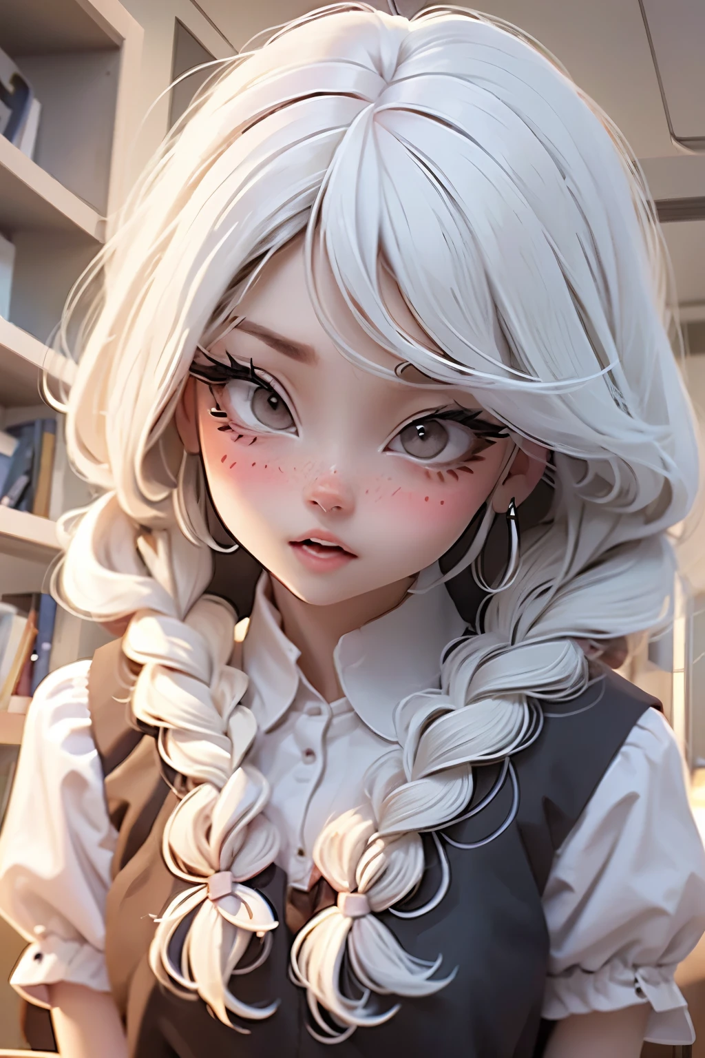 Lolli girl, braid hair, school, talking, library background, white hair, frontal pose, face close, lauguing, scared