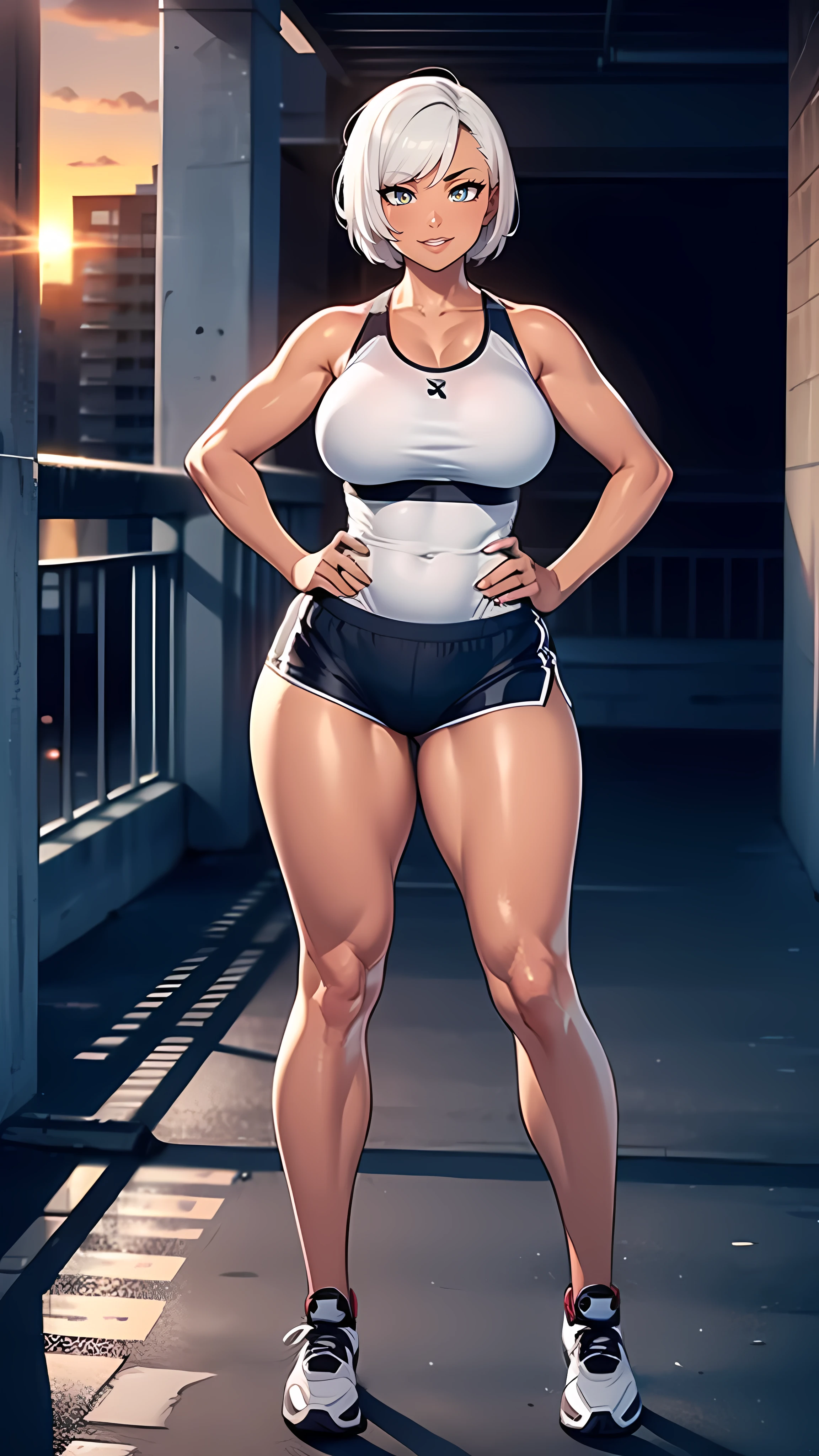 4K Quality, solo, hands on hips, sexy smile, (black and white workout shorts), standing up, ((white short hair)), (tanned skin), thick thighs, big breasted, big ass, looking at viewer, amber eyes, sunset, bedroom eyes, full body, city background, perfect face, perfect body, perfect eyes, full lips,