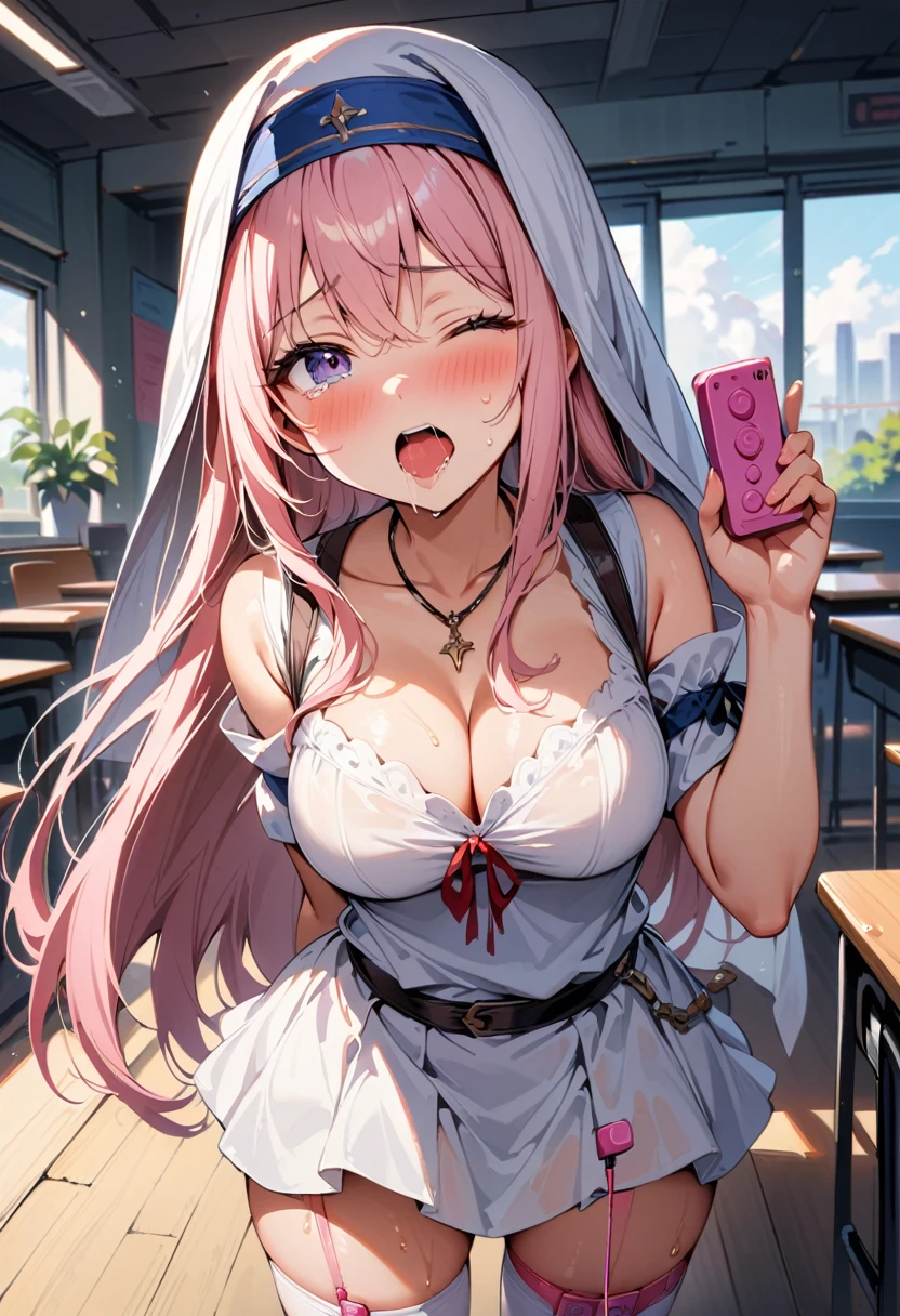 (throw_hand, pink vibrator remote switch in throw_hand, throw:1.2), highest quality, Super detailed, masterpiece, Ultra-high resolution, 8k, Ridiculous, Cowboy Shooting, Blurred, One girl, Focus on the girl, Embarrassing, blush, Lovely, Close one eye, With tears in her eyes and her mouth open, What saliva leaves behind, Wet skirt hem, (Sticky panties:1.1), Bulging of the vibrator cord, Vibrator with Garters, (cleavage), Classroom Background, (Maiden of the Sword:1.1), Long Hair, Blindfold, dress, white dress, habit, jewelry, black Blindfold, necklace, Removable sleeves