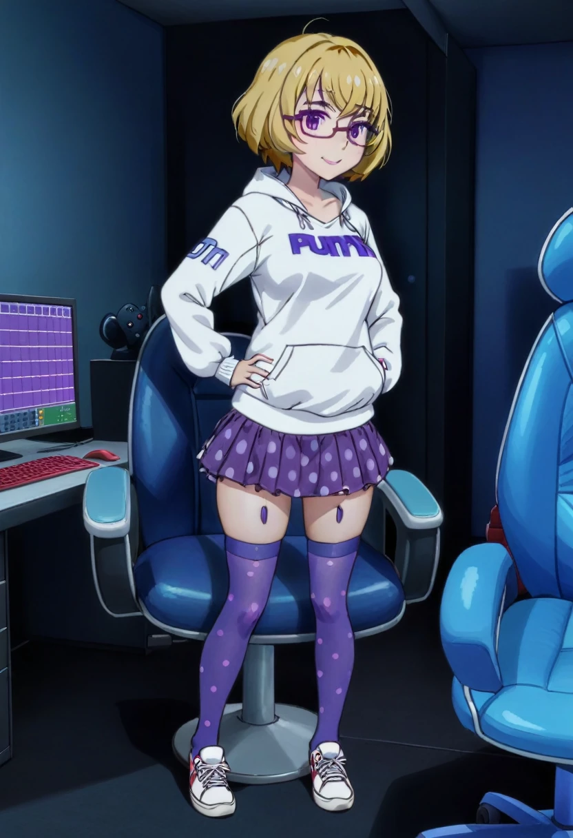 1 girl, solo, Ito, white hoodie, oversized hoodie, blonde hair, glasses, multicolored hair, polka dot skirt, purple eyes, short hair, purple skirt, ribbon thighhighs, sneakers, medium breasts, shy, by gamer chair, dark gamer room, smiling, standing, hands on hips, full body view,