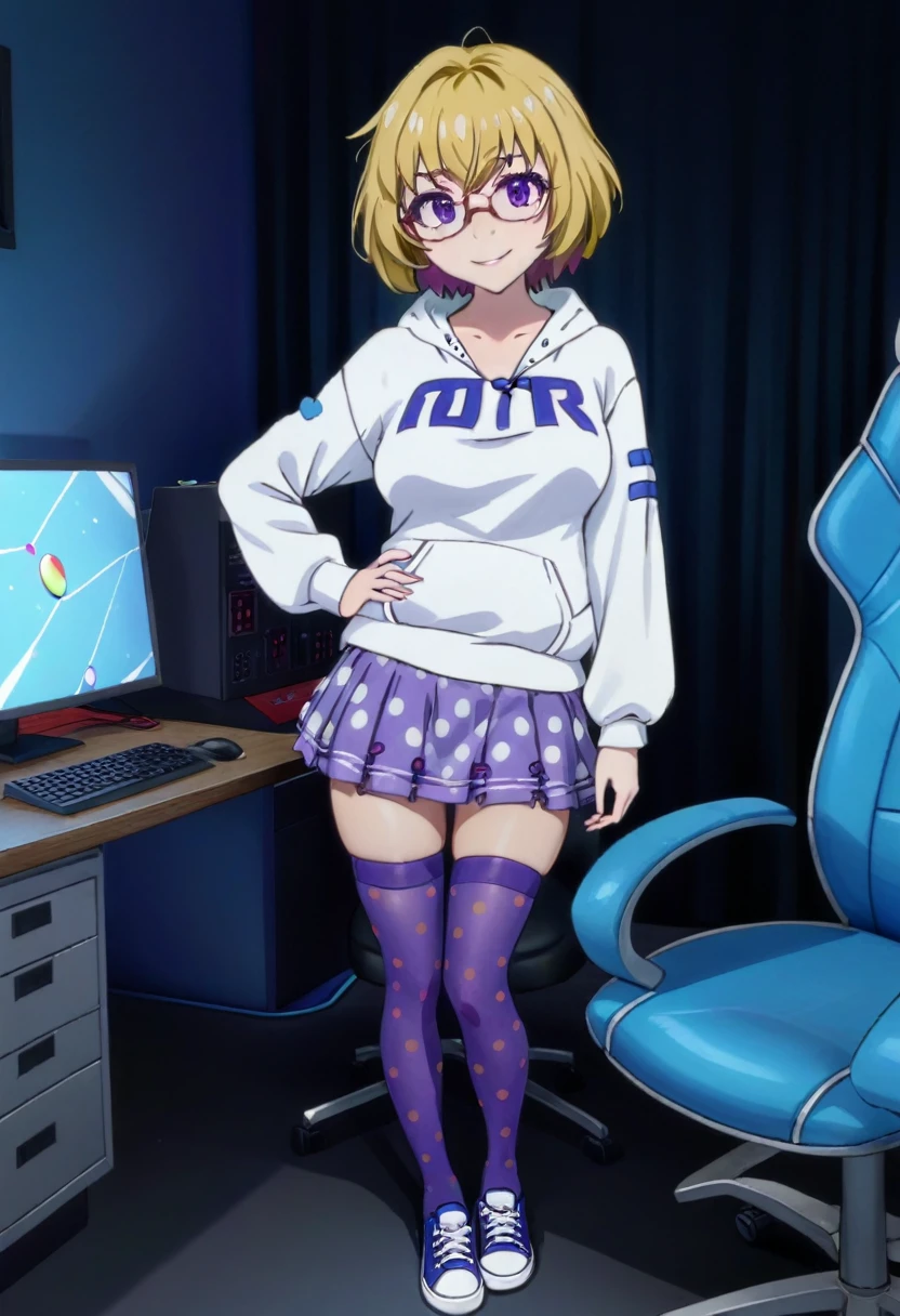 1 girl, solo, Ito, white hoodie, oversized hoodie, blonde hair, glasses, multicolored hair, polka dot skirt, purple eyes, short hair, purple skirt, ribbon thighhighs, sneakers, medium breasts, shy, by gamer chair, dark gamer room, smiling, standing, hands on hips, full body view,