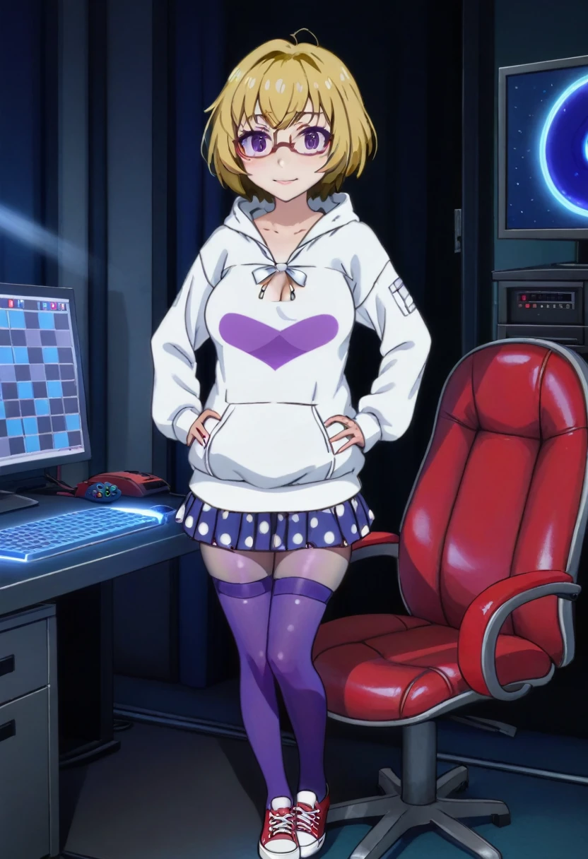 1 girl, solo, Ito, white hoodie, oversized hoodie, blonde hair, glasses, multicolored hair, polka dot skirt, purple eyes, short hair, purple skirt, ribbon thighhighs, sneakers, medium breasts, shy, by gamer chair, dark gamer room, smiling, standing, hands on hips, full body view,