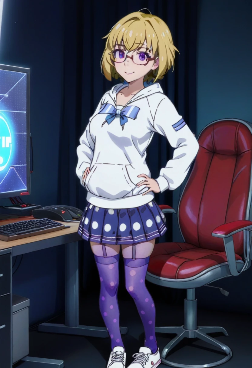 1 girl, solo, Ito, white hoodie, oversized hoodie, blonde hair, glasses, multicolored hair, polka dot skirt, purple eyes, short hair, purple skirt, ribbon thighhighs, sneakers, medium breasts, shy, by gamer chair, dark gamer room, smiling, standing, hands on hips, full body view,