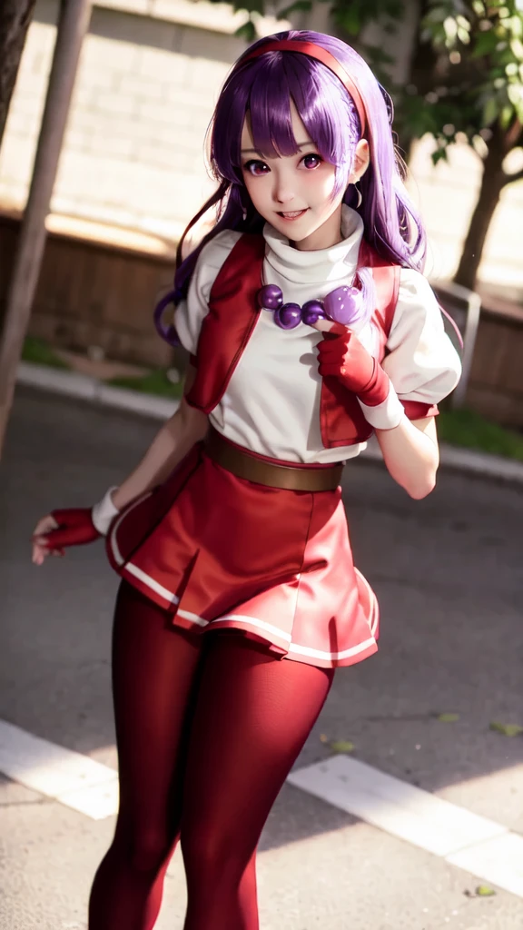 (masterpiece), (best quality), (ultra-detailed), intricate detail, athena97, 1girl, solo, purple eyes, purple hair, long hair, white earrings, red hairband, star hair ornament, medium breats, red vest, white turtleneck, white puffy sleeves, short sleeves, red pleated skirt, (deep red pantyhose:1.2), black pantyhose, yellow belt, purple sphere shape necklace, red fingerless gloves, white short socks, red shoes,   (outdoors), smile, blush, sunny, cowboy shot, street background,Ōbari Masami Style