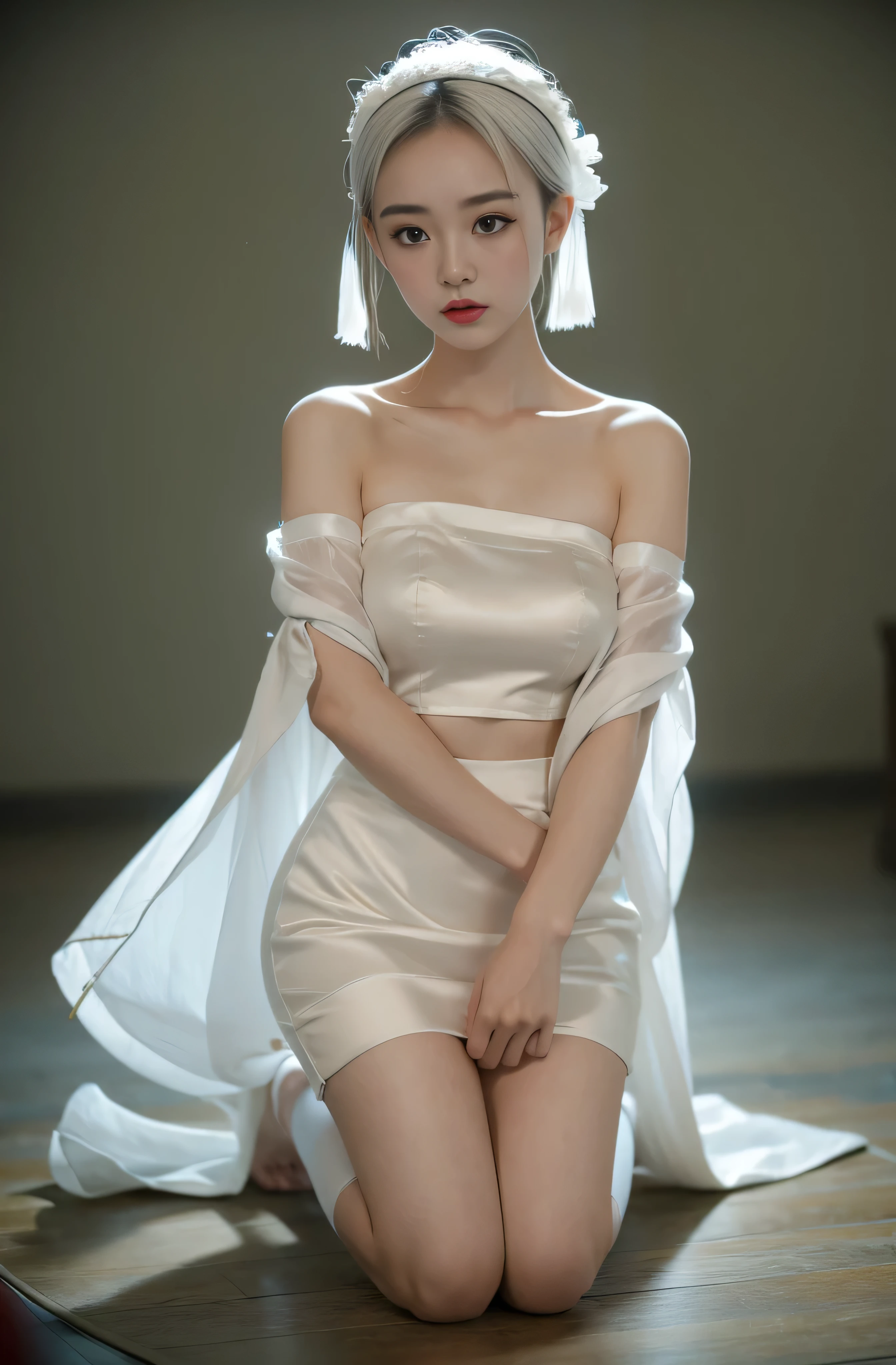 1 Girl,looking at the audience, Chinese clothes, Keep,  Solitary focus, Messy hair, Practical, Bare shoulders, Bare thighs，Bare neck，White silk skirt, whole body, Blurred Background, Solitary，Kneeling，White stockings，No hair accessories