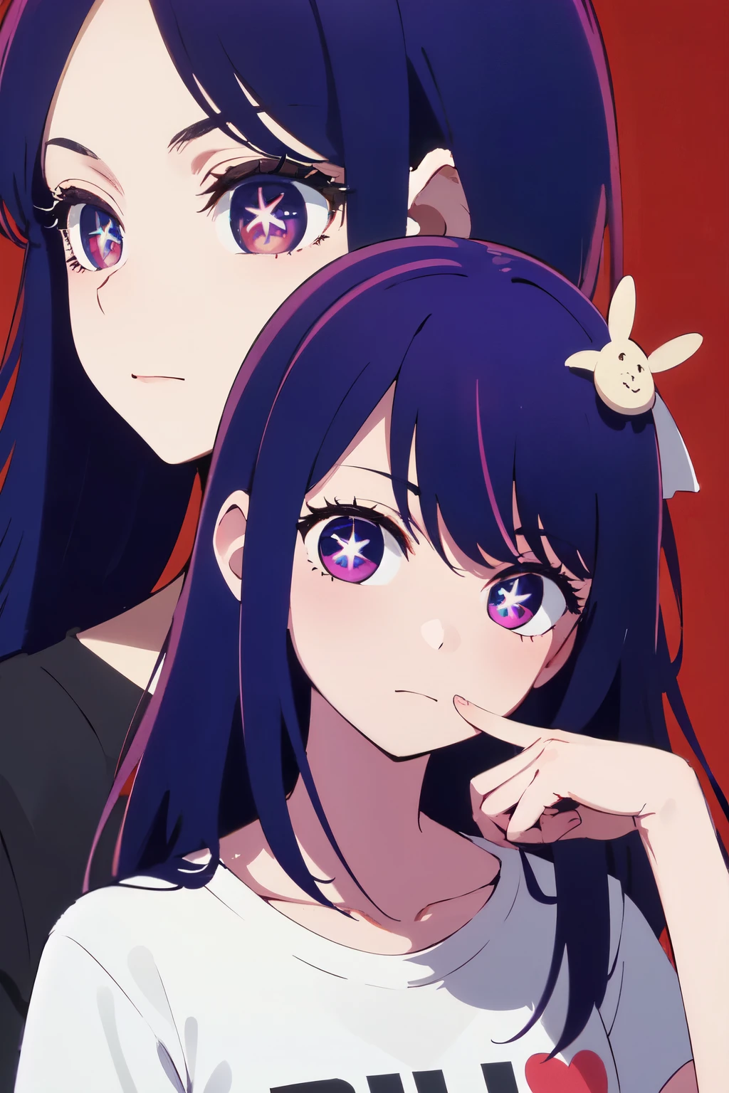((best quality)), ((masterpiece)), (detailed), perfect face. Asian girl. Purple hair. Purple eyes. Star eyes. T-shirt.