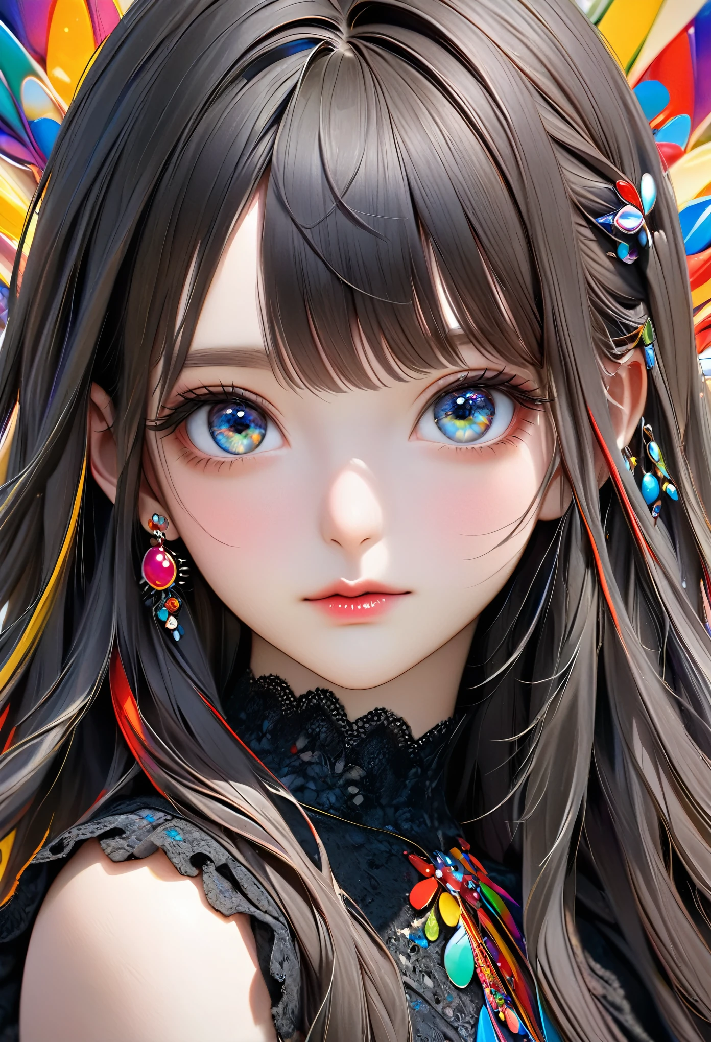 a beautiful girl wearing a dress, detailed portrait with long hair and bangs, following the rule of thirds, detailed jewelry, (best quality,4k,8k,highres,masterpiece:1.2),ultra-detailed,(realistic,photorealistic,photo-realistic:1.37),extremely detailed eyes and face, longeyelashes,highres,detailed,sharp focus,Vivid Color Full Body