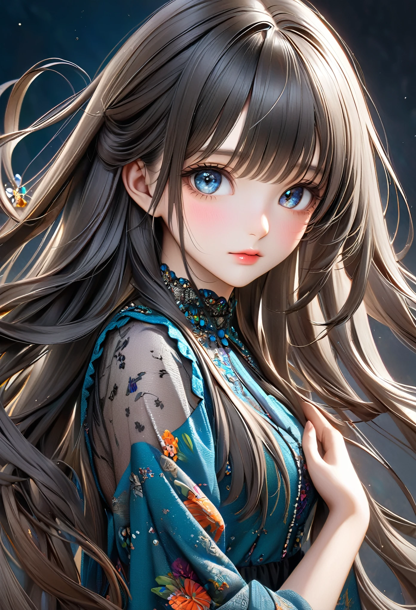 a beautiful girl wearing a dress, detailed portrait with long hair and bangs, following the rule of thirds, detailed jewelry, (best quality,4k,8k,highres,masterpiece:1.2),ultra-detailed,(realistic,photorealistic,photo-realistic:1.37),extremely detailed eyes and face, longeyelashes,highres,detailed,sharp focus,Vivid Color Full Body