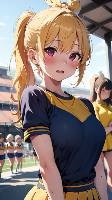 mastute piece,Best Quality,insanely detailed,8k cg,nsfw,
(shoot upper body:1.3),
(1girls:1.3),standing,looking at viewr,body in front,both arms behind back,(Yellow cheerleader uniform),
break,
blush,shy,(trembling:1.2),(Yellow Hair),
break,
perfect breasts,perfect teats,(open mouth:0.9),(large breasts:1.2),
outdoor sport field,