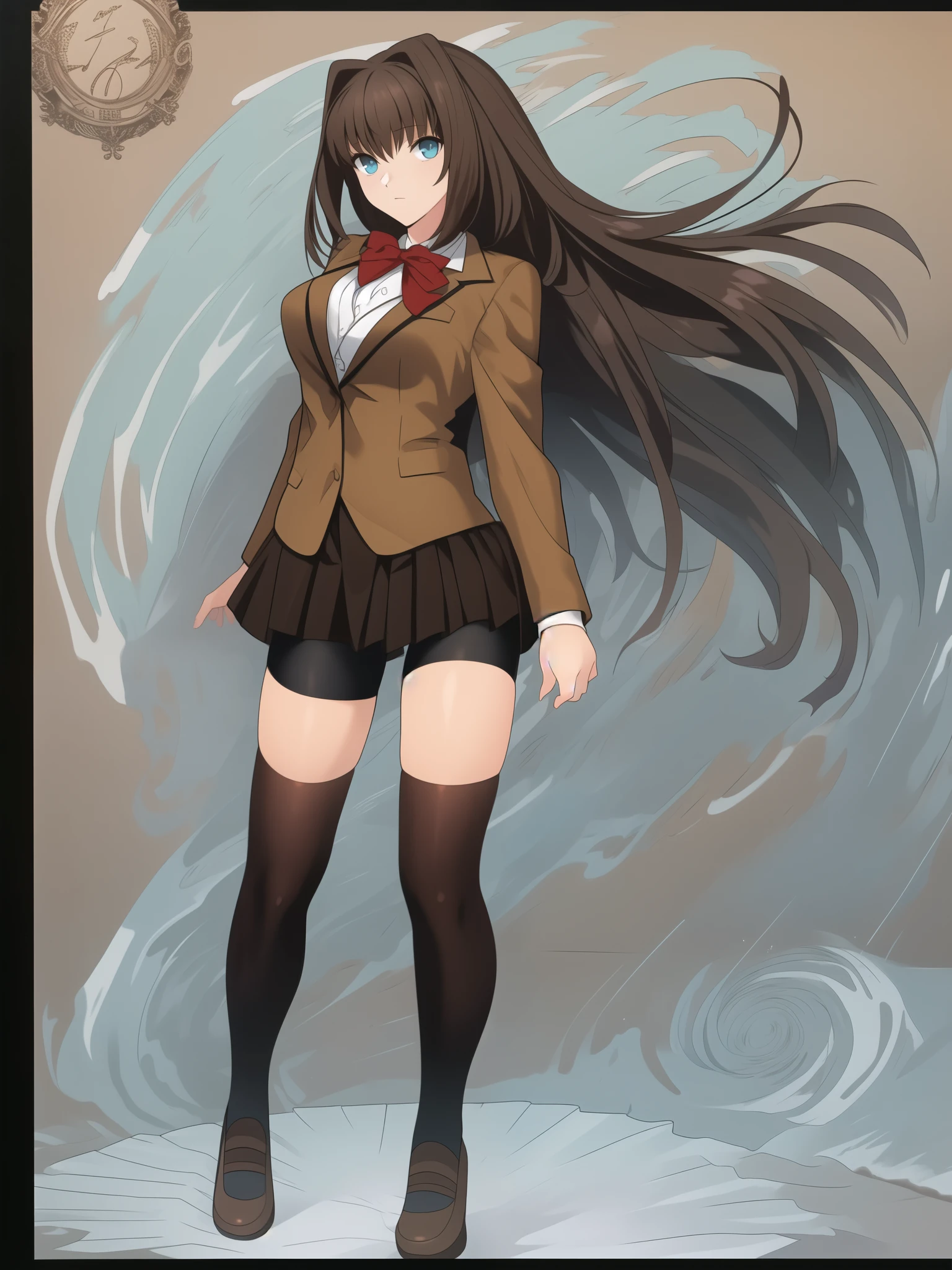 BREAK, blank background, white background, (EMPTY BACKGROUND), BREAK (masterpiece:1.2), best quality, high resolution, 8k, illustration, (beautiful detailed eyes:1.6), extremely detailed face, extremely detailed, CG, perfect hands, perfect anatomy, (((1girl))), (((solo))), (((bbaoko))), (((2 legs max:1.7))), (((2 feet max:1.6))), ((swirling vortex shaped longest brown hair:1.5)), (brown longest hair with slightly reddish undertone:1.6), (lush luscious longest brown hair:1.6), (very long voluminous longest brown hair:1.5), serious, blue eyes, red bowtie, (Form-fitting beige blazer:1.5), brown jacket, (highly detailed beautiful face:1.2), (white shirt:1), (well shaped large breasts:1.6), (nice hips:1), (((Umber pleated thigh-high skirt:1.6))), (((black bike shorts:1.4))), (2 nice visible thighs:1.6), (symmetrical thigh-high black colored stockings:1.6), (strap shoes brown color), (facing front:1.5), ((standing straight:1.5)), ((Fullbody in frame:1.6)), ((Full body:1.5))