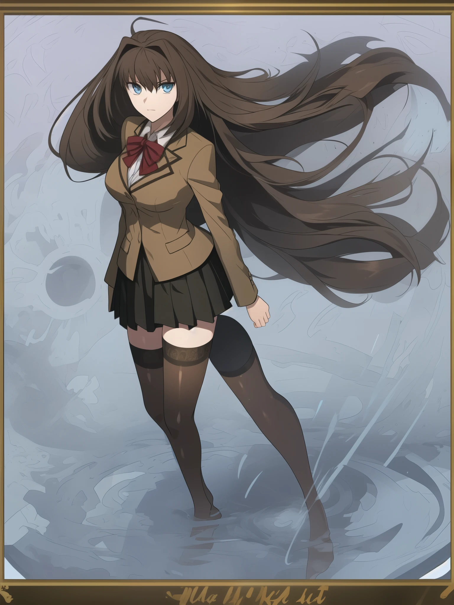 BREAK, blank background, white background, (EMPTY BACKGROUND), BREAK (masterpiece:1.2), best quality, high resolution, 8k, illustration, (beautiful detailed eyes:1.6), extremely detailed face, extremely detailed, CG, perfect hands, perfect anatomy, (((1girl))), (((solo))), (((bbaoko))), (((2 legs max:1.7))), (((2 feet max:1.6))), ((swirling vortex shaped longest brown hair:1.5)), (brown longest hair with slightly reddish undertone:1.6), (lush luscious longest brown hair:1.6), (very long voluminous longest brown hair:1.5), serious, blue eyes, red bowtie, (Form-fitting beige blazer:1.5), brown jacket, (highly detailed beautiful face:1.2), (white shirt:1), (well shaped large breasts:1.6), (nice hips:1), (((Umber pleated thigh-high skirt:1.6))), (((black bike shorts:1.4))), (2 nice visible thighs:1.6), (symmetrical thigh-high black colored stockings:1.6), (strap shoes brown color), (facing front:1.5), ((standing straight:1.5)), ((Fullbody in frame:1.6)), ((Full body:1.5))