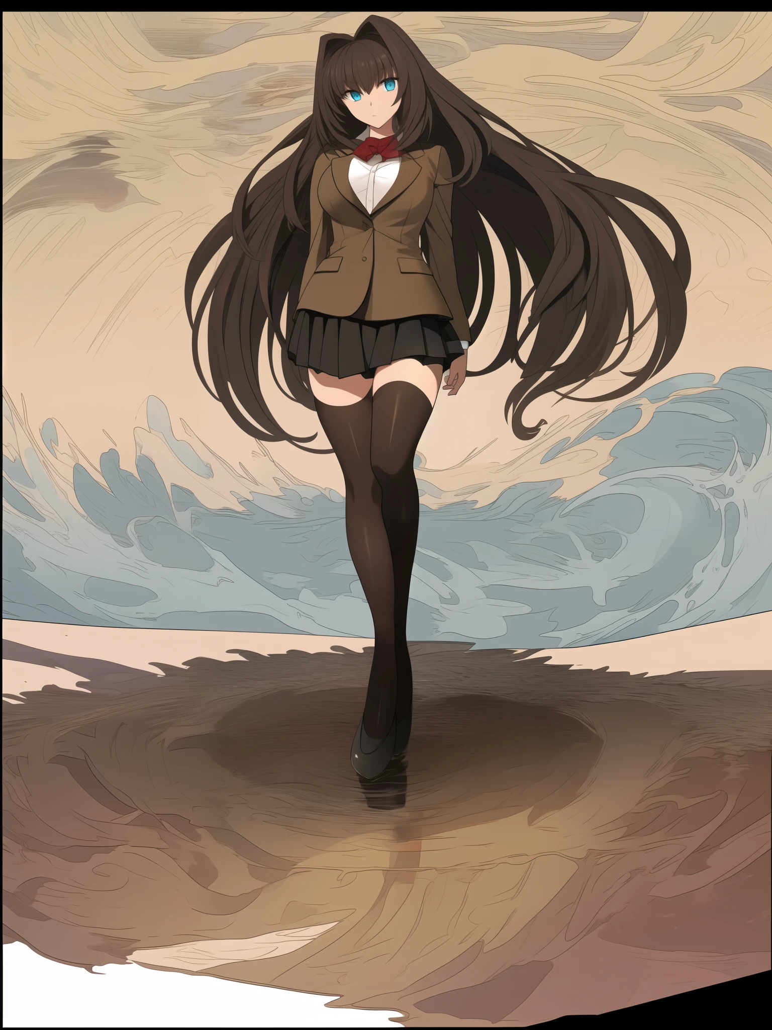BREAK, blank background, white background, (EMPTY BACKGROUND), BREAK (masterpiece:1.2), best quality, high resolution, 8k, illustration, (beautiful detailed eyes:1.6), extremely detailed face, extremely detailed, CG, perfect hands, perfect ???????, (((1girl))), (((solo))), (((bbaoko))), (((2 legs max:1.7))), (((2 feet max:1.6))), ((swirling vortex shaped longest brown hair:1.5)), (brown longest hair with slightly reddish undertone:1.6), (lush luscious longest brown hair:1.6), (very long voluminous longest brown hair:1.5), serious, blue eyes, red bowtie, (Form-fitting beige blazer:1.5), brown jacket, (highly detailed beautiful face:1.2), (white shirt:1), (well shaped large breasts:1.6), (nice hips:1), (((Umber pleated thigh-high skirt:1.6))), (((black bike shorts:1.4))), (2 nice visible thighs:1.6), (symmetrical thigh-high black colored stockings:1.6), (strap shoes brown color), (facing front:1.5), ((standing straight:1.5)), ((Fullbody in frame:1.6)), ((Full body:1.5))