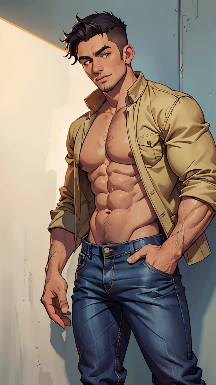 homem arafiado de jeans e camisa branca parado na frente de uma porta, Wearing only pants, roupas abertas no peito, umbigo aparecendo, jaqueta sobre o tronco nu, recortar, physicist : a menor barriga de todos os tempos, ( ( ( wearing pants ) ) ), wearing pants, roupa complexa, a menor barriga de todos os tempos, vestindo roupas rasgadas
