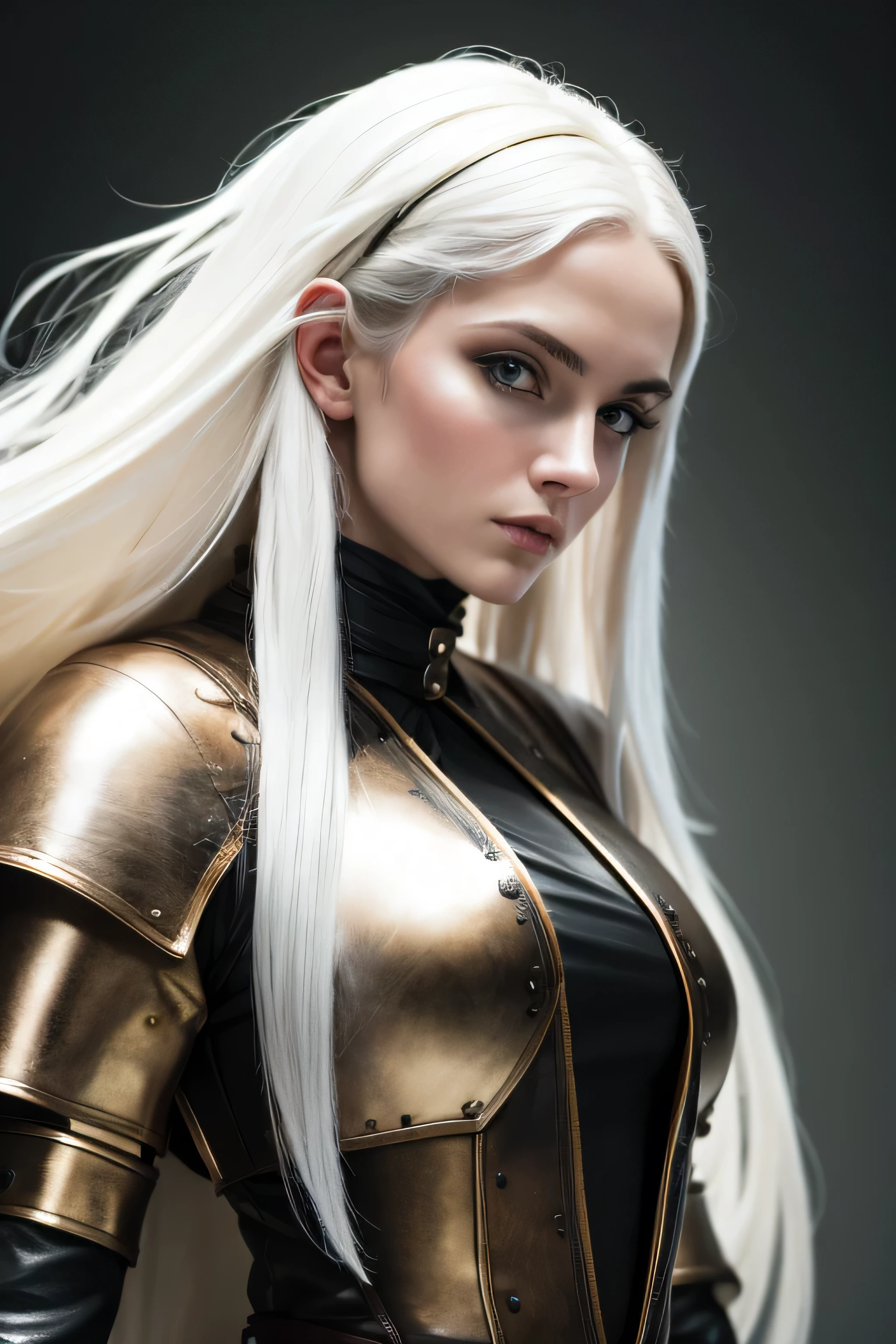1 female medival fighter, long white hair, wearing leather, 25 years old, absurdres, high res, ultrasharp, 8K, masterpiece, the image should be of absurd resolution and high detail. It should be ultra-sharp and available in 8K resolution, representing a masterpiece in image quality.