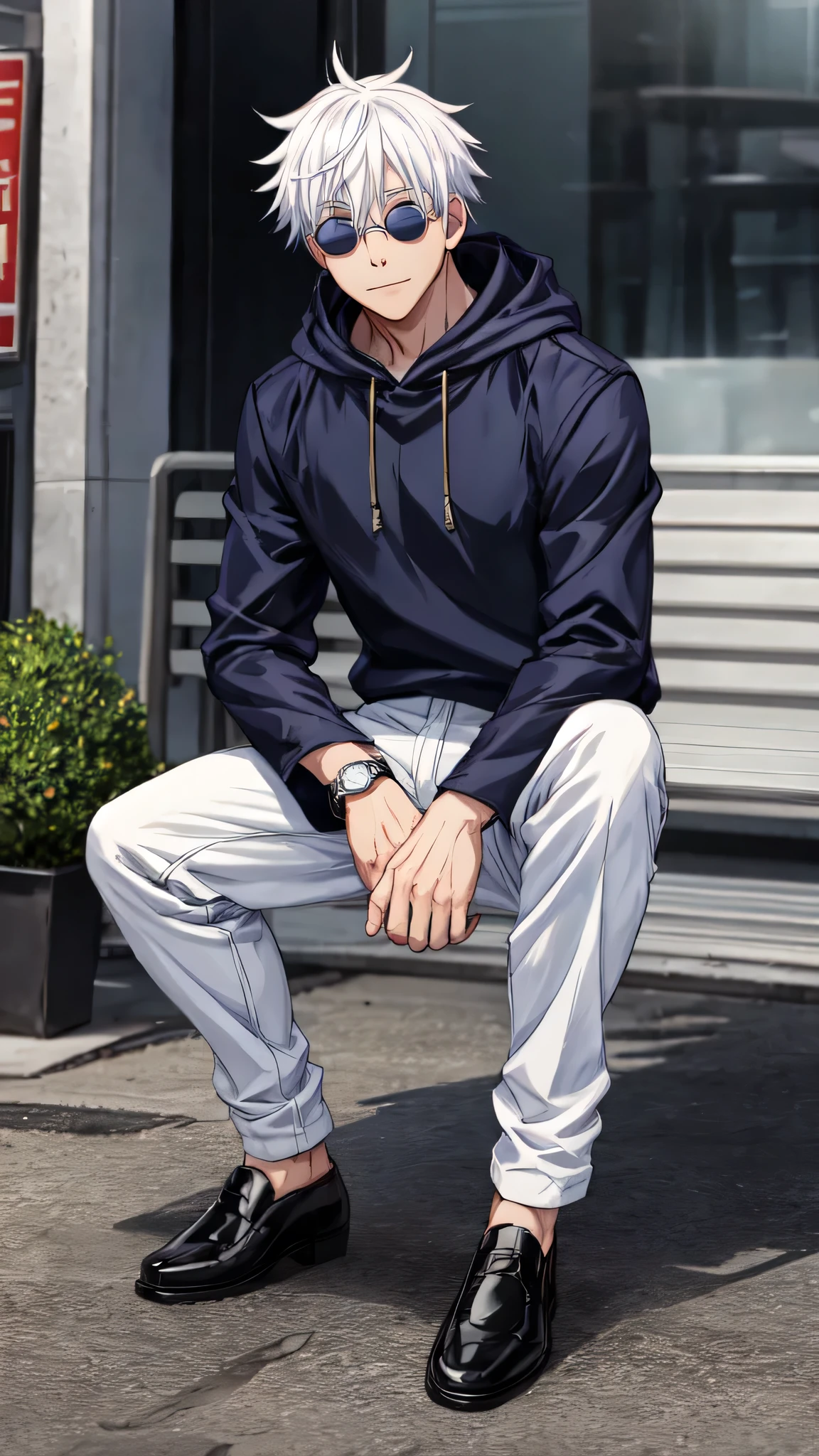 gojou satoru, solo, looking at viewer, smile, short hair, bangs, blue eyes, shirt, long sleeves, 1boy, hair between eyes, jewelry, sitting, closed mouth, jacket, full body, white hair, male focus, shoes, pants, hood, necklace,red and black shirt, hoodie, black pants, squatting, sunglasses, white shoes, white jacket, hood down, watch, round eyewear, wristwatch, sit on chair 