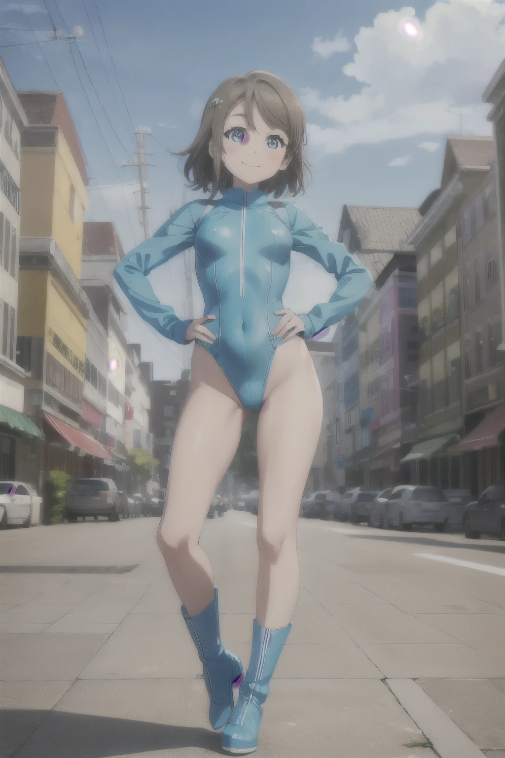 (((Pixel Perfect, Perfect in every detail))), alone, single, alone focus, One girl, Yu Watanabe, View Viewer, smile, Superhero, Green leotard, highleg leotard, barefoot, boots, Are standing, Hands on hips,Urban Background, No sleeve, Ultra-high resolution, Absurd, ((Only 5 fingers)), Perfect body, Good balance