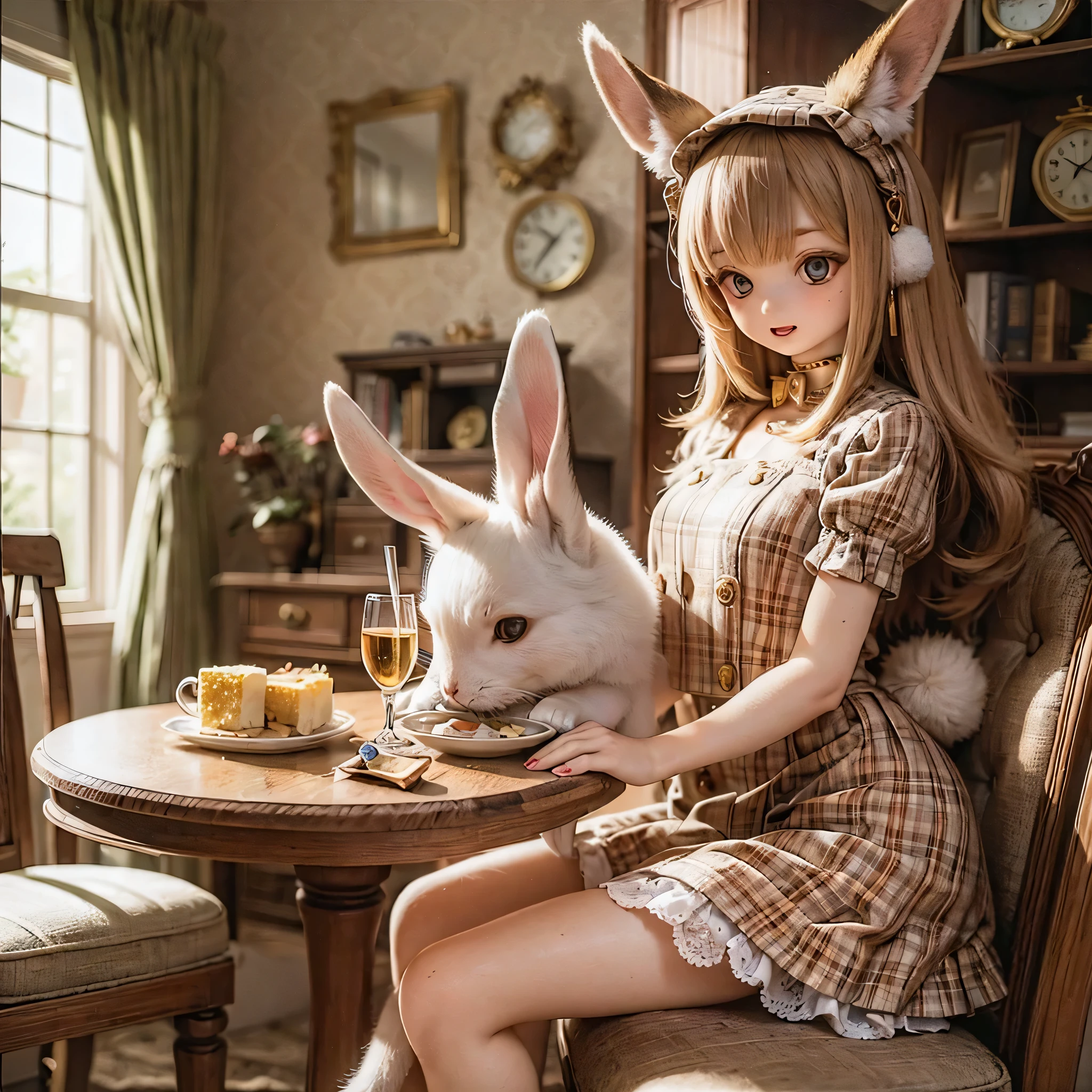 
The rabbit girl is holding a big clock with Alice_Wonderland