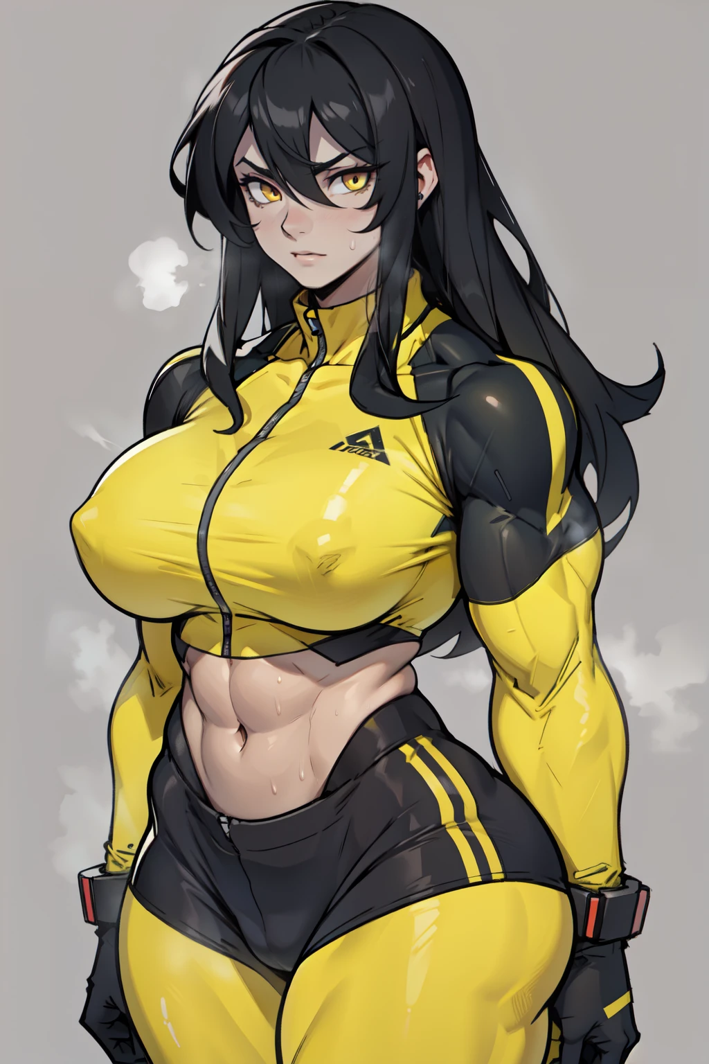 girl (1girl muscular grey background pale skin bodybuilder) toned body huge breasts thin waist black hair yellow eyes straight hair sweaty hair between eyes skintight