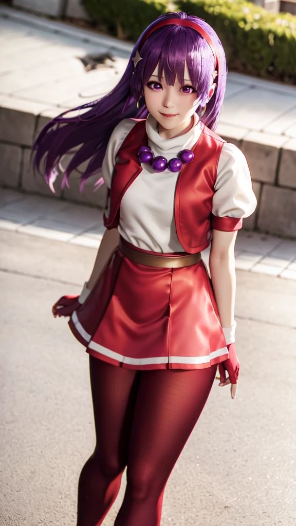 (masterpiece), (best quality), (ultra-detailed), intricate detail, athena97, 1Women, solo, purple eyes, purple hair, long hair, white earrings, red hairband, star hair ornament, medium breats, red vest, white turtleneck, white puffy sleeves, short sleeves, red pleated skirt, (deep red pantyhose:1.2), black pantyhose, yellow belt, purple sphere shape necklace, red fingerless gloves, white short socks, red shoes, (outdoors), smile, blush, sunny, cowboy shot, street background,Ōbari Masami Style