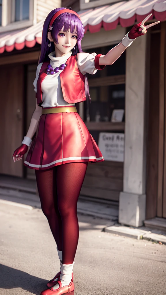 (masterpiece), (best quality), (ultra-detailed), intricate detail, athena97, 1Women, solo, purple eyes, purple hair, long hair, white earrings, red hairband, star hair ornament, medium breats, red vest, white turtleneck, white puffy sleeves, short sleeves, red pleated skirt, (deep red pantyhose:1.2), black pantyhose, yellow belt, purple sphere shape necklace, red fingerless gloves, white short socks, red shoes, (outdoors), smile, blush, sunny, cowboy shot, street background,Ōbari Masami Style