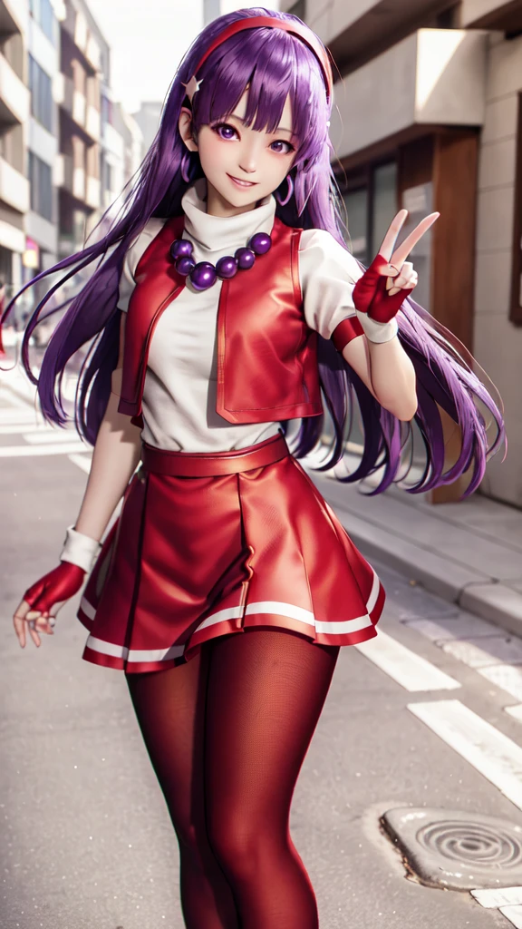 (masterpiece), (best quality), (ultra-detailed), intricate detail, athena97, 1Women, solo, purple eyes, purple hair, long hair, white earrings, red hairband, star hair ornament, medium breats, red vest, white turtleneck, white puffy sleeves, short sleeves, red pleated skirt, (deep red pantyhose:1.2), black pantyhose, yellow belt, purple sphere shape necklace, red fingerless gloves, white short socks, red shoes, (outdoors), smile, blush, sunny, cowboy shot, street background,Ōbari Masami Style