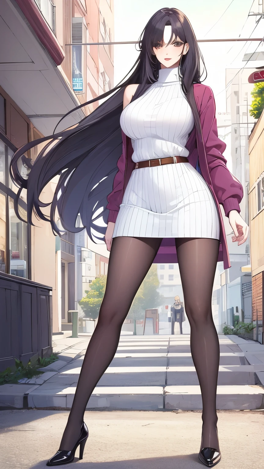 (masterpiece, best quality:1.2), 1girl, solo,mature_lady,black long hair, sweater,medium breasts,full body, standing, in street
