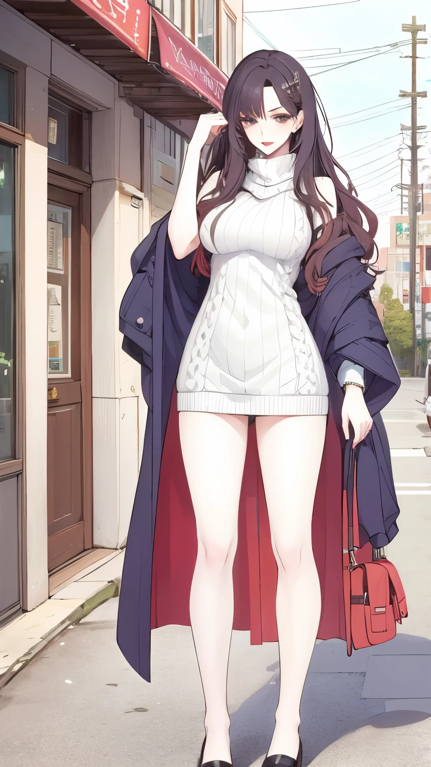 (masterpiece, best quality:1.2), 1girl, solo,mature_lady, long hair, sweater,medium breasts,full body, standing, in street
