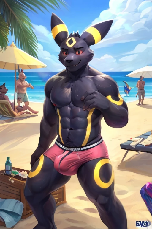 (by dangpa,edjit,bakemonoy,bna v5), hi-res, good graphics, great anatomy, anatomically correct, erection in underwear, briefs, tenting briefs, pent up, musk, musk clouds, precum, wet underwear, Umbreon, public, exhibitionism, beach