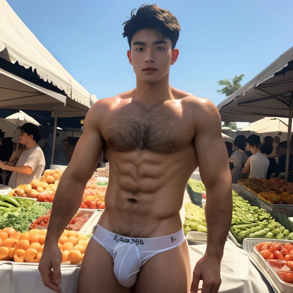 Fruit display In the background, market, market display In the background, vegetable display In the background, very hairy armpits, hairy pubic, hairy crotch, hairy body, In the charming picture there is a handsome Chinese  boy with his big bulge, muscular body, background in the sky has big bold sun,  His charm radiated as he proudly showed off his sweaty very hairy armpits in a full standing pose.. He wore a white sexy thong, that highlighted his figure, He stood in the middle of the crowded traditional market environment., Bathed in the golden light of a beautiful day. With unparalleled attention to detail., This photorealistic portrait combines the style of National Geographic., Capture every detail of his textured skin in 8k resolution. Leica digital SLR camera. His features were clearly visible., From the deep-set eyes to the chiselled jawline., Make this image a true masterpiece..Lift. (8K UHD、RAW Photography、Photorealistic Portrait Leica Digital SLR、Lifelike images), big bulge in his very thin thong