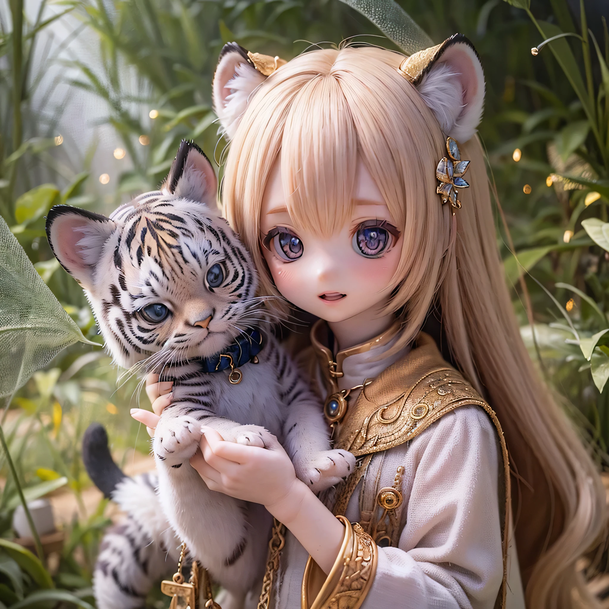 (highest quality,4K,8k,High resolution,masterpiece:1.2),Super detailed,Realistic,White Tiger Girls Chibi,Beautiful fine details,Long eyelashes,Detailed lips,A girl in colorful and cute clothes,Tall trees with bright flowers々Play in a magical garden filled with,Soft and warm sunlight on the tree々Plug in from between,Creates a magical and dreamy atmosphere,Sparkling fairy dust floating in the air,Bring a sense of fascination and wonder to your scenes,The skin has a delicate and intricate tiger pattern.,Glows softly, Mysterious Light,The innocent and happy expressions of the girls,
Emphasize a pure and playful personality,Small and adorable chibi characters,
Increase the cuteness, A harmonious blend of reality and fantasy,
Evokes childlike joy and imagination, vibrant and lively color palette,
Shades of pink, purple, Blue and,Painting-like texture, Add depth and richness to your artwork, Capture the magical essence of the scene.