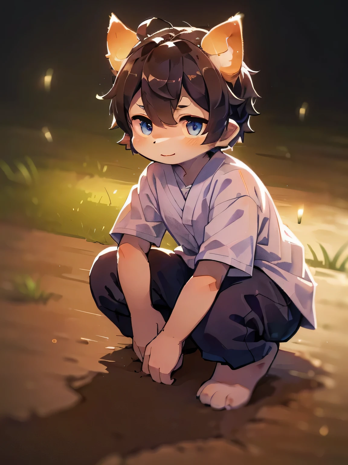 dark(((Crouching down on the rice paddy path where fireflies dance at night)))、（Naughty smile、Shiba Inu Beastman、Light blue eyes、*Brown Hair*、Fluffy boy、cute、Orange fur）、Wearing Yukata、Orange and white fur on face、