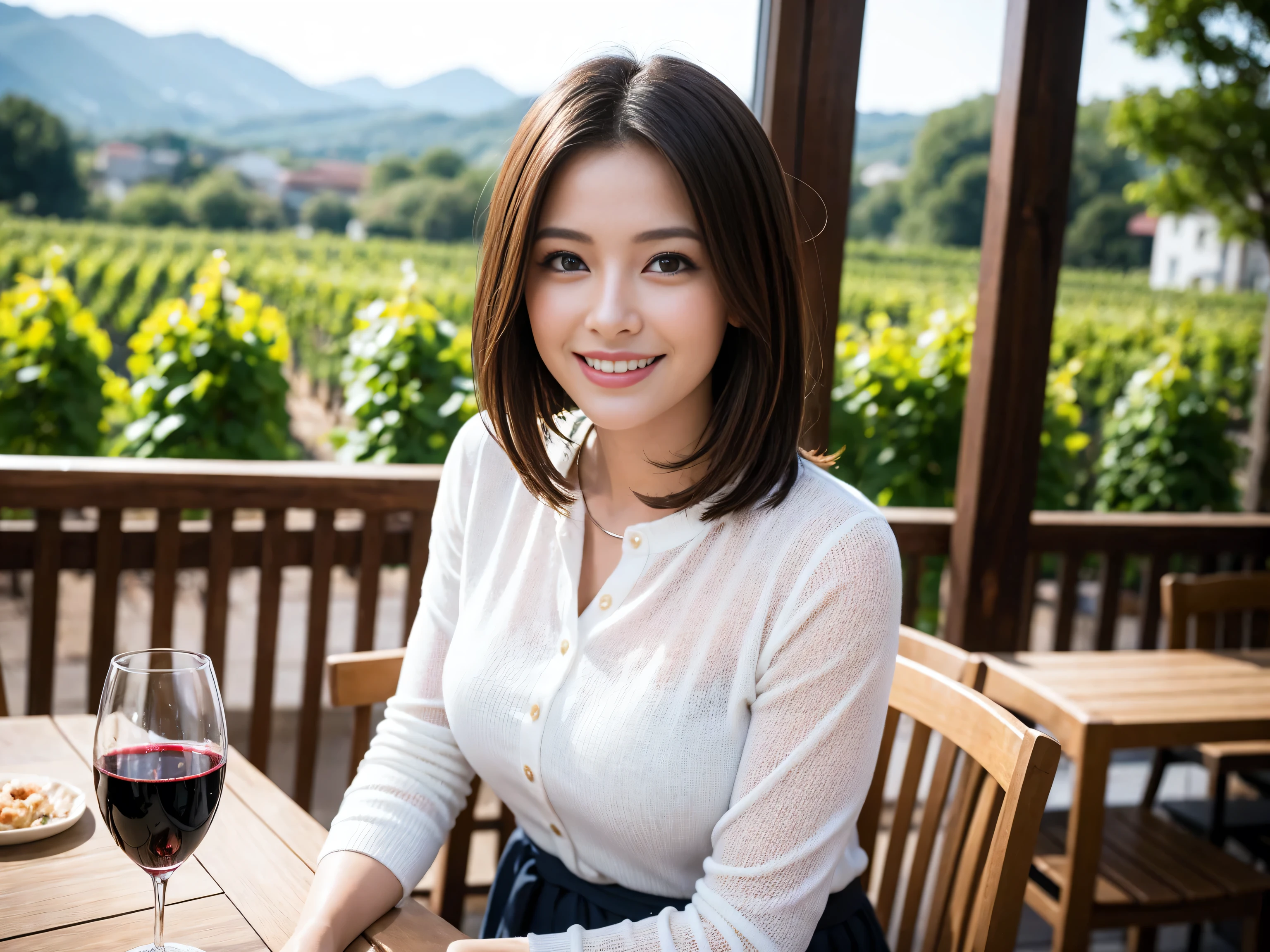 ((highest quality、8k、masterpiece:1.3))、1 male、1 woman who resembles Satomi Ishihara、Couple、Spouse、Couple、The body is slim、((Bob Hale、Straight hair:1.2)), (Realistic, Intricate details:1.2), Wine glass on the table、Put the light on your face、 Amazing view of the sunset sky and clouds、Amazing mountain views、A bright smile、The wonderfulness of smile、Bright image、The beauty of wine, Beautiful Face, blue eyes, The light shines on your face, Blushing, short hair,Bright Face、 (Age 42), 39 years old, red wine 、Appetizers、Italian food、Wine bottle、Champagne、sparkling wine、Two beauties、Brown Hair、Shortcuts、Long sleeve shirt、dress、Pretty Woman 1, (Slim face), (The body is slim), (Brown Hair), (Shortcuts), cheeks turn a little red,Attractive beauty、restaurant, In a prominent place (From the waist up) Nova Frog Style, actress, model, Upper Body, White wine, slim, wine glass, A wine glass placed in the center, smile, (smile: 1.15), Beautiful fine grain, Depth f/2,saturation, High Contrast, Strong light and shadow,Moist Body:1.5、3D texture、Delicate eyes、Brown Hair、The hair is very shiny、