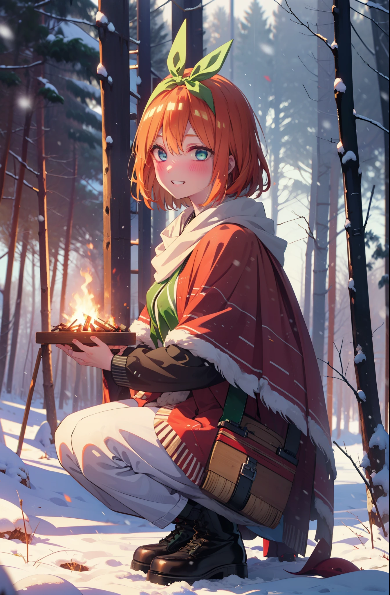 yotsubanakano, yotsuba nakano, bangs, short hair, blue eyes, Hair between the eyes, Hair Ribbon, hair band, Orange Hair, (Green ribbon:1.5), smile, Grin,smile,blush,White Breath,
Open your mouth,snow,Ground bonfire, Outdoor, boots, snowing, From the side, wood, suitcase, Cape, Blurred, Increase your meals, forest, White handbag, nature,  Squat, Mouth closed, フードed Cape, winter, Written boundary depth, Black shoes, red Cape break looking at viewer, Upper Body, whole body, break Outdoor, forest, nature, break (masterpiece:1.2), highest quality, High resolution, unity 8k wallpaper, (shape:0.8), (Beautiful and beautiful eyes:1.6), Highly detailed face, Perfect lighting, Highly detailed CG, (Perfect hands, Perfect Anatomy),